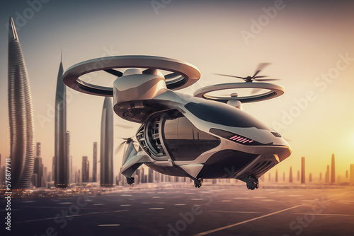 Fotografia Drone taxi flying between buildings in city, Future transportation technology