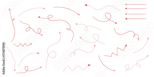 Ręcznie rysowane strzałki w czerwonym kolorze. Zestaw wektorowych strzałek wskazujących różne kierunki: dół, prawo, lewo, góra. Strzałki proste, krzywe, łamane, zakręcone.