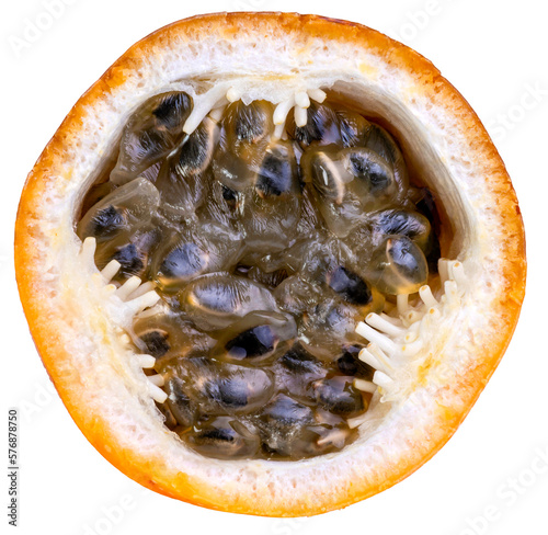 A closeup shot of half a yellow passion fruit photo