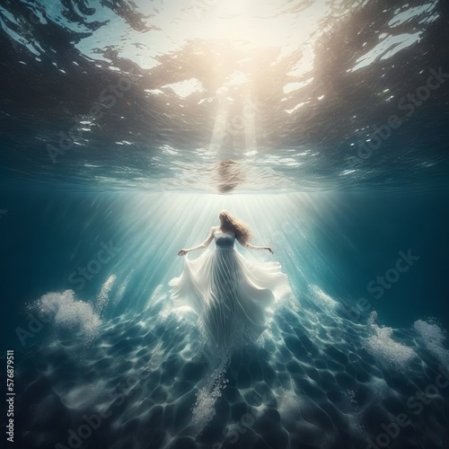 Image Generated Artificial Intelligence. Woman in white long dress inmersed into the ocean photo