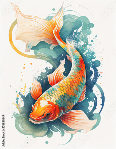 Beautiful Koi Fish Watercolor Painting Japanese Style. Generative AI