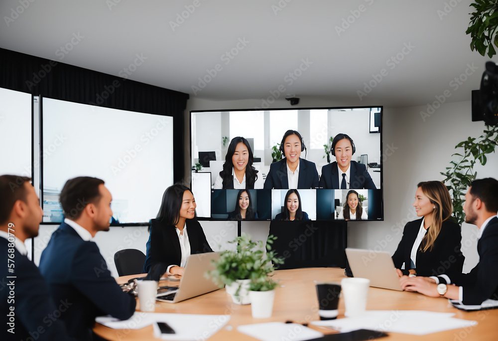 Smart business team online video call on monitor in office Smart business team online video call on monitor in office