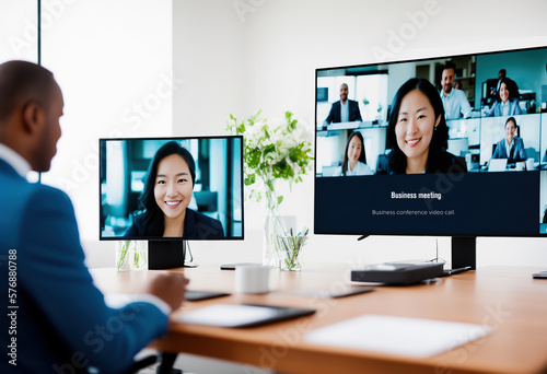 Diverse business team having videomeeting discussing online with remotely executive manager in business office. Remote video call , coworker teamwork online brainstorm, startup office company