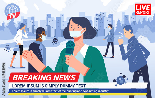 News anchors with medical mask reporting spread pandemic in city town presenters on breaking news