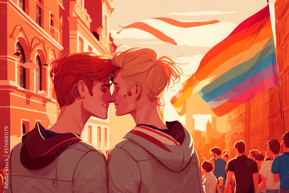 two young boys in love walking on gay pride day, Generative AI