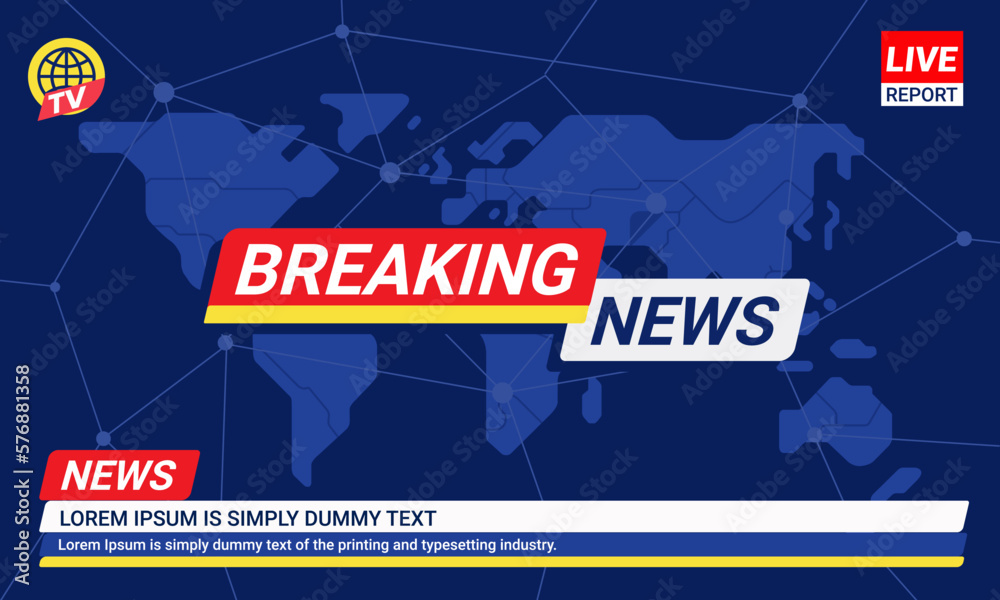 Breaking news template with red and blue badge with earth and world map