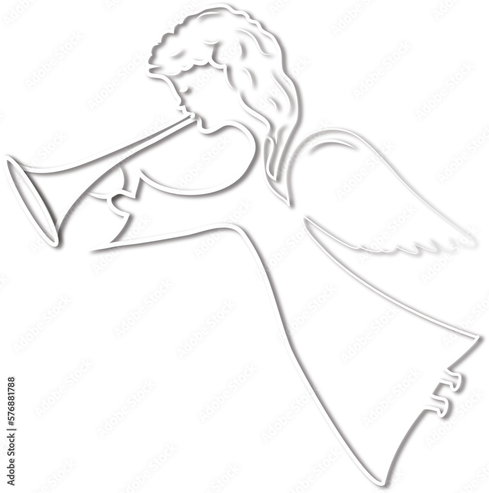 Silhouette of a flying angel with a trumpet. The white angel is in profile, with shadows, with wings. Format vector and jpg. Silhouette of a flying angel with a trumpet. The white angel is in profile, with shadows, with wings. Format vector and jpg.