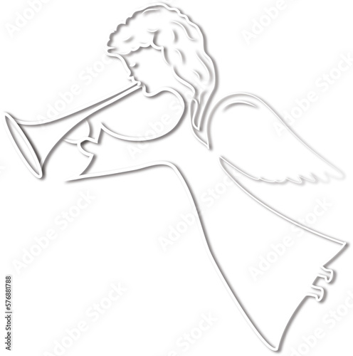 Silhouette of a flying angel with a trumpet. The white angel is in profile, with shadows, with wings. Format vector and jpg.