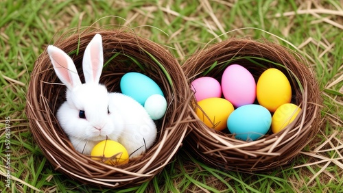 Easter Bunny in a Nest with Eggs