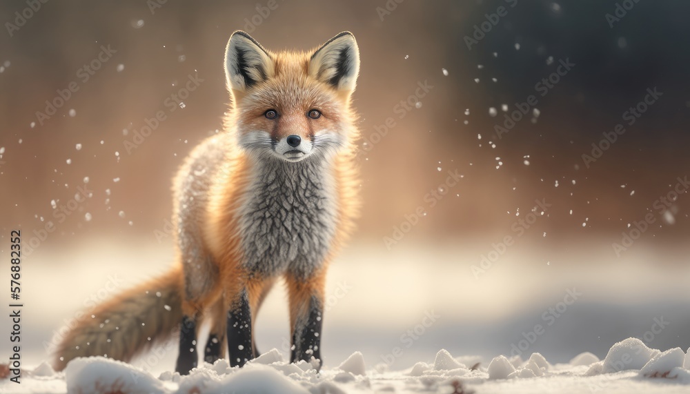 Fototapeta premium Super cute baby fox in a winter landscape.. Created with Generative AI.