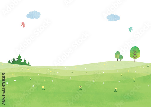 爽やかな草原の丘と木のシンプルな風景水彩画