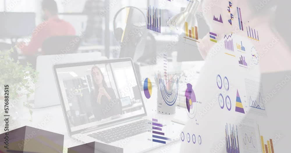 Animation of financial data processing over caucasian businesswoman in office Animation of financial data processing over caucasian businesswoman in office