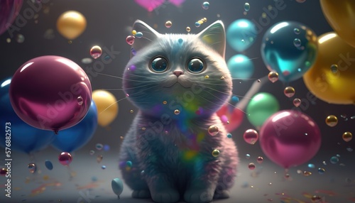 cute baby cat with balloons. Created with Generative AI.