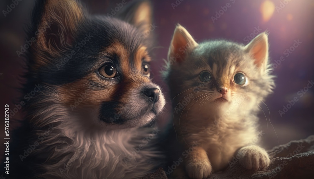 Obraz premium Adorable dog and baby cat together. Created with Generative AI.