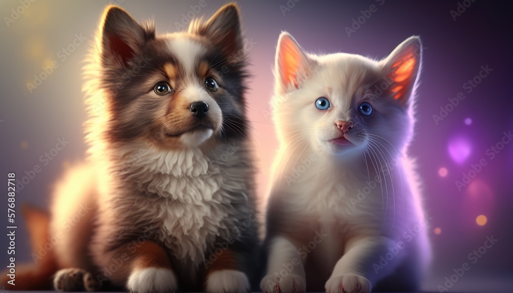 Adorable dog and baby cat together. Created with Generative AI.