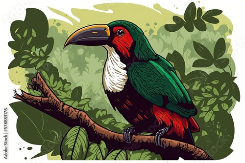 Crimson rumped a little toucan bird, Aulacorhynchus haematopygus, whose plumage is green and red, in its natural environment. Ethnically distinct creature frolicking within the verdant foliage of an E photo