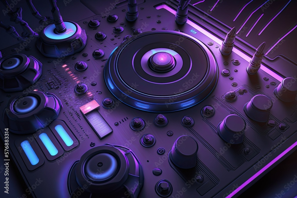 A professional DJ controller bathed in purple light, captured in close up. Generative AI A professional DJ controller bathed in purple light, captured in close up. Generative AI