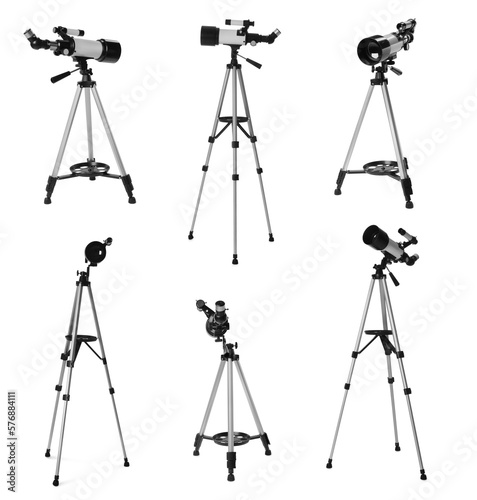 Collage of tripod with modern telescope on white background, views from different sides