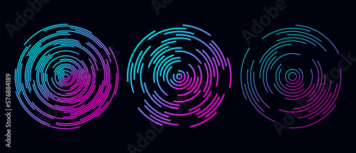 Concentric circle segments set in dark theme. Rippled round patten collection. Blue purple sound wave rings. Epicentre, target, radar icon concept. Radial signal or vibration elements. Vector