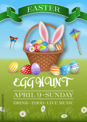 easter poster with colorful eggs in a wicker basket egg hunt flyer  