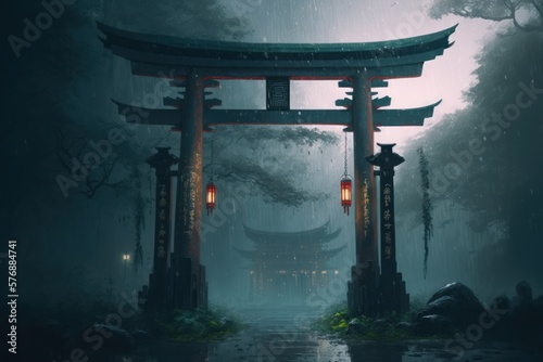 Ancient Fantasy Torii Gate in the Rain, Concept Art, Digital Illustration, Generative AI