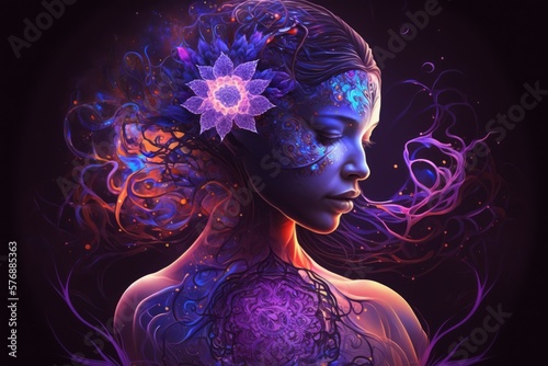 Enlightened Cosmic Princess in Purple Neon Colors - Generative AI Illustration