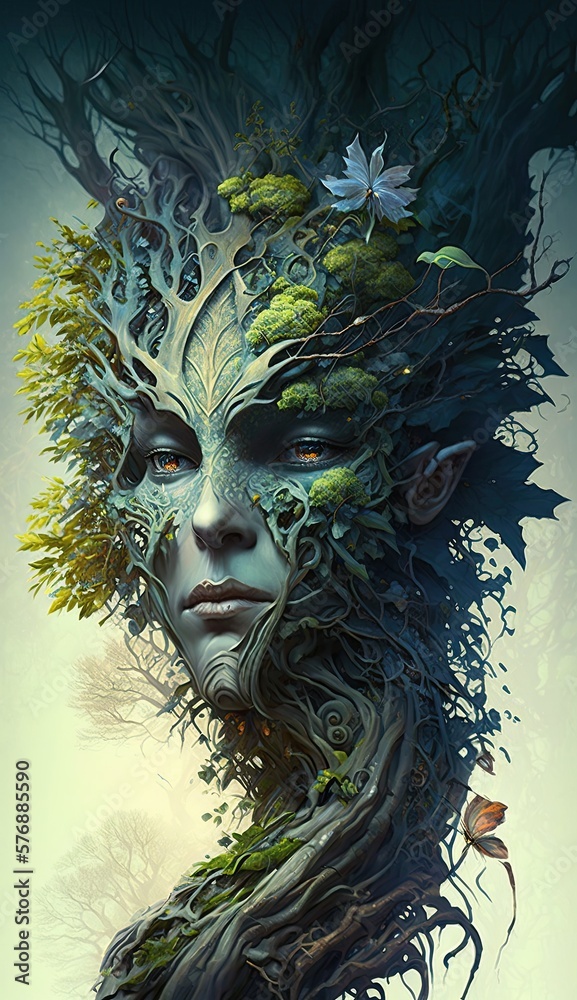 Obraz premium Digital artwork of a woman's face made of tree branches and leaves created with Generative AI technology