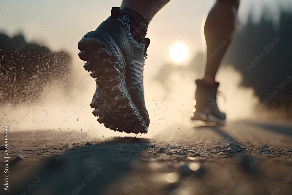 Close up on shoe sprint powerful. Runner athlete running on the road. Generative AI