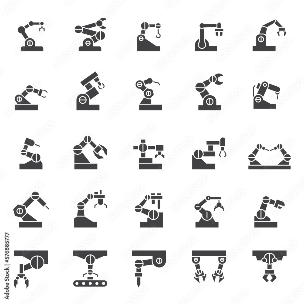 Industrial robot, icon set. Mechanical hydraulic robotic arm for manufacturing, linear icons.Glyph