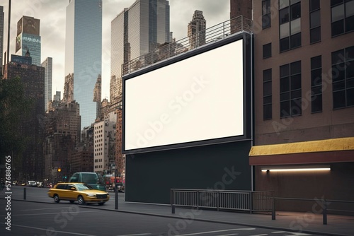 Blank billboard on New York city. Mock up. Poster on street next to roadway.  Outdoor advertising. Generative AI.  photo