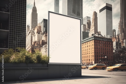 Blank billboard on New York city. Mock up. Poster on street next to roadway.  Outdoor advertising. Generative AI.  photo