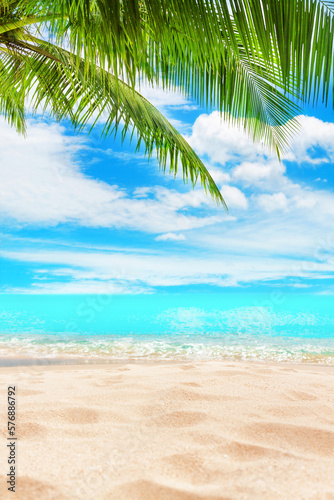 Tropical island paradise beach, green coconut palm tree leaf, sand, blue sea water turquoise ocean, sun sky white cloud, beautiful landscape, summer holidays, vacation, travel banner, empty copy space © Vera NewSib