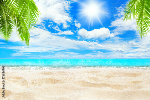 Tropical island sea beach background  turquoise ocean wave  sand  sun blue sky white cloud  green coconut palm tree leaf  paradise nature landscape  summer holidays  vacation  travel  empty copy space