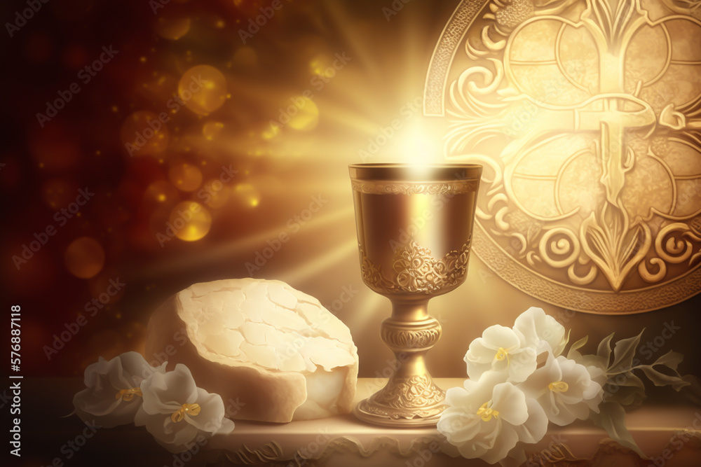 Holy communion background, golden chalice, generative ai Stock
