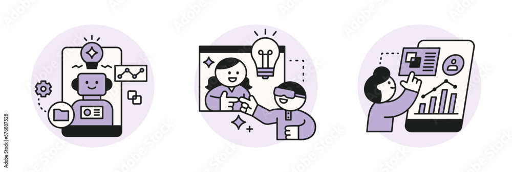 The Age of AI. Intelligence Meets Technology. Business concept illustration with people and icons. People analyzing data and sharing ideas. The Age of AI. Intelligence Meets Technology. Business concept illustration with people and icons. People analyzing data and sharing ideas.