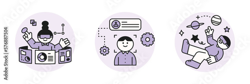 The Age of AI. Intelligence Meets Technology. Business concept illustration with people and icons. Virtual reality experience and data analysis.