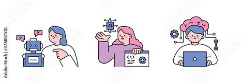 The Age of AI. Intelligence Meets Technology. Business concept illustration with people and icons. Human brain and robot talking.