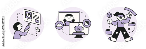 The Age of AI. Intelligence Meets Technology. Business concept illustration with people and icons. People are experiencing virtual reality and sharing data.