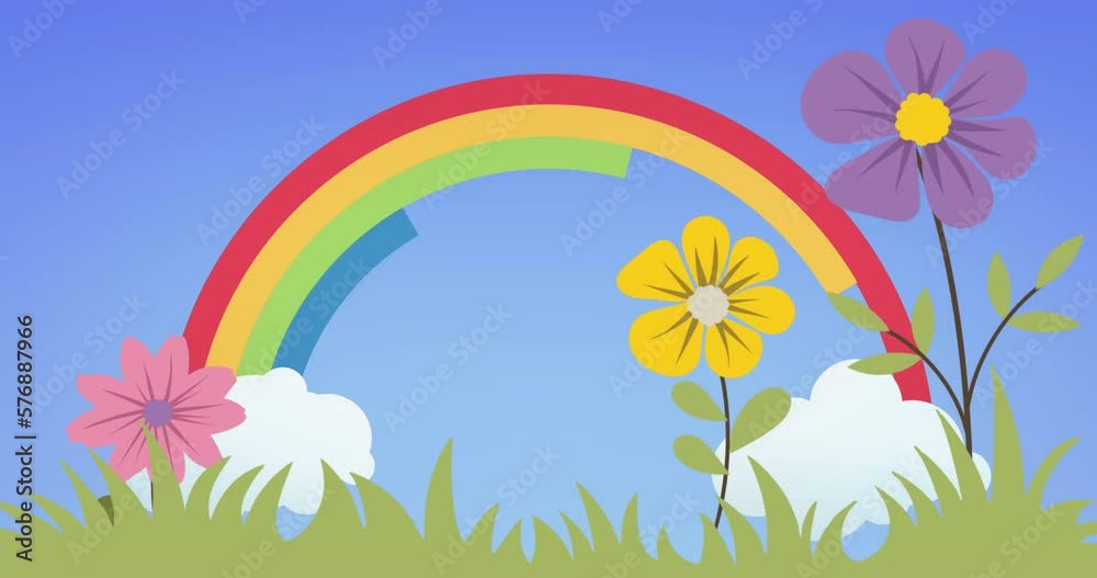 Animation of flowers and grass over rainbow on blue background Animation of flowers and grass over rainbow on blue background