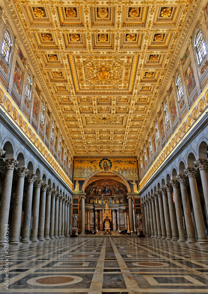 Panoramic view of the Interior of Papal Basilica of Saint Paul Outside the Walls, founded over the burial place of Saint Paul, Rome, Italy