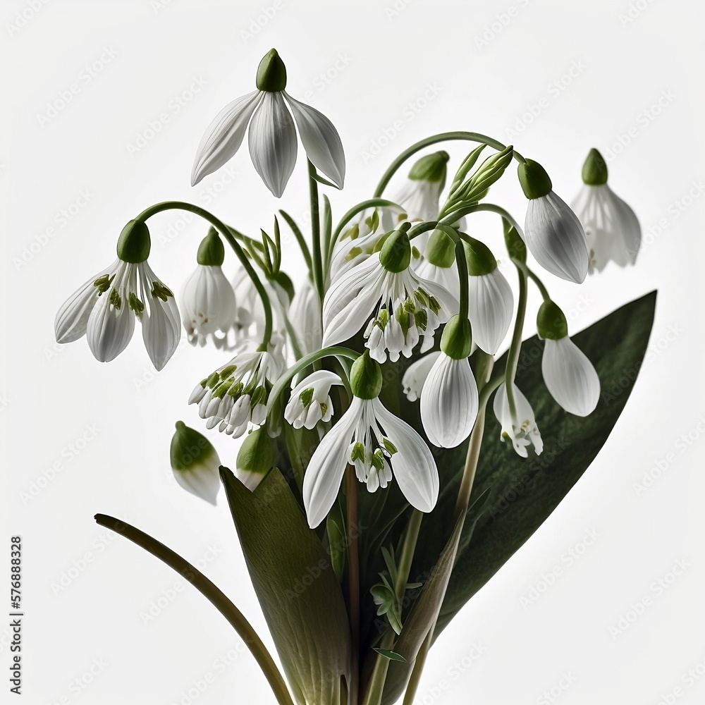 Fototapeta premium Bouquet of snowdrops illustration created using generative AI.