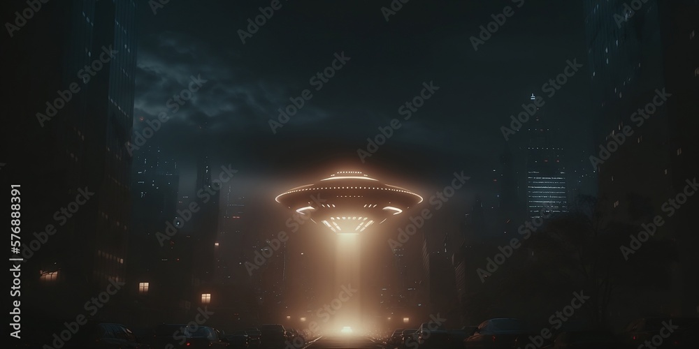 UFO over the city shot from a movie illustration created using generative AI.