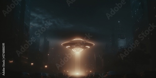 UFO over the city shot from a movie illustration created using generative AI.