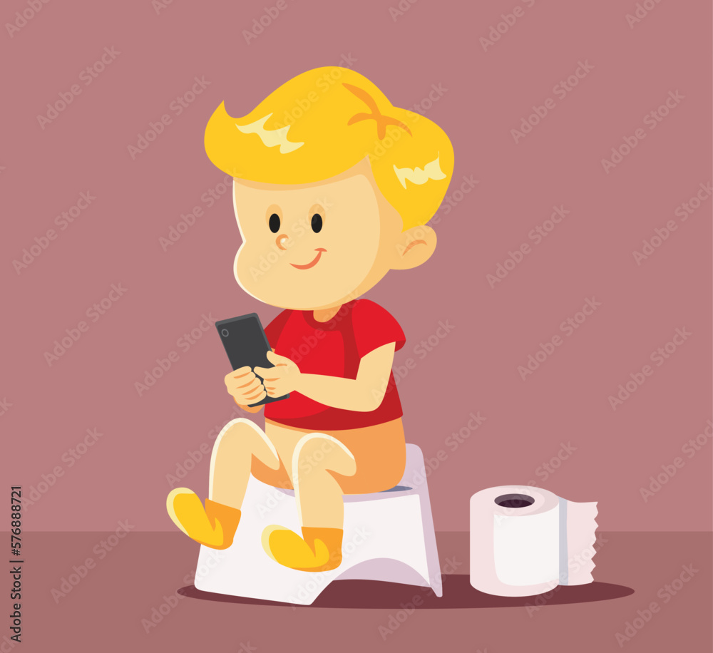 Funny Baby Checking Smartphone While on the Potty Vector Cartoon. Toddler child addicted to mobile games going to the bathroom with his phone
