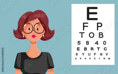 Glasses Wearer at Ophthalmological Control Vector Cartoon Illustration. Young woman reading on Snellen chart using her eyeglasses
