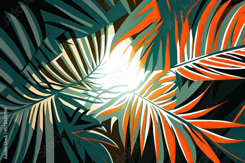 An abstract pattern of dark green palm leaves illuminated by an orange sunburst. Horizontal, horizontally themed, horizontally creative layout. Generative AI