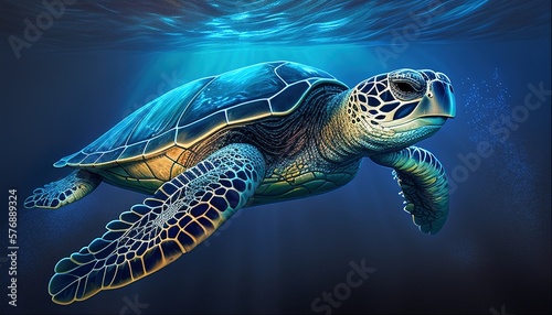 Giant sea turtle swimming digital art illustration