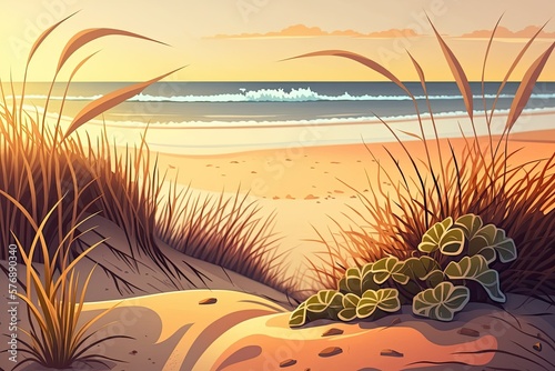 Australia's white sand, dune grass, and Pacific Ocean surf at sunrise. Generative AI