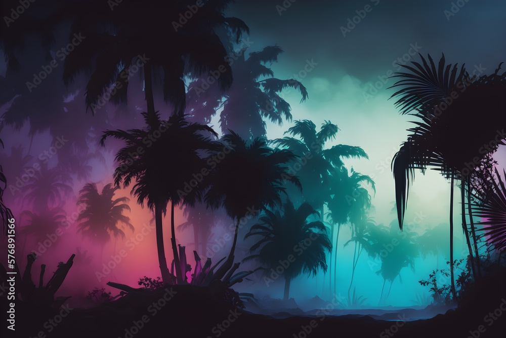 gradient of colour in the mist, tropical punk shadows of the wild palms, mystical, intriguing, morning lighting, superb quality cinematic, wallpaper, Generative AI