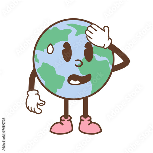 Earth character in trendy retro cartoon style. Unhappy globe icon feeling hot. Vintage planet mascot trendy sticker. Environmental global warming eco concept. Vector flat illustration.